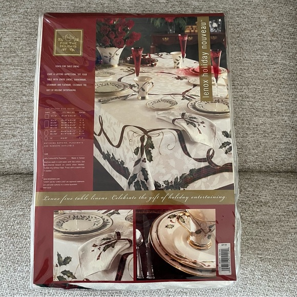 NEW Lenox for the Holidays Fine Linen Holly & Ribbons Oval Tablecloth 60” X 104” - Picture 2 of 6